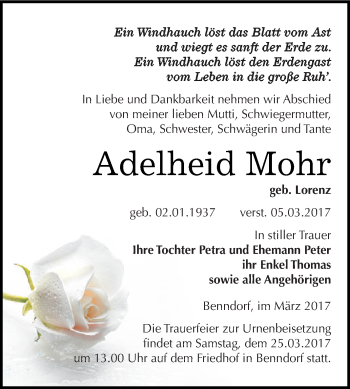 Traueranzeige von Adelheid Mohr von Super Sonntag SGH Mansf. Land
