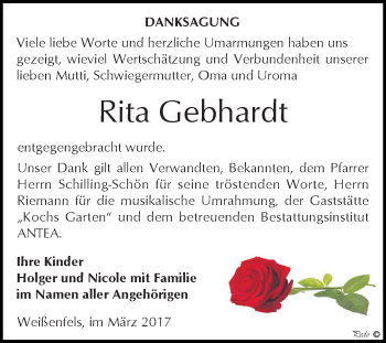 Traueranzeige von Rita Gebhardt von WVG - Wochenspiegel NMB / WSF / ZTZ