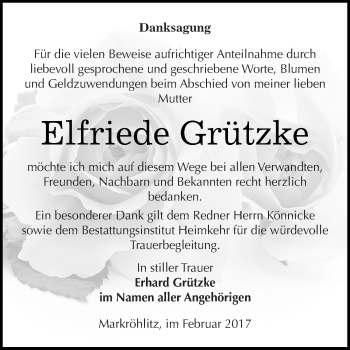 Traueranzeige von Elfriede Grützke von WVG - Wochenspiegel NMB / WSF / ZTZ