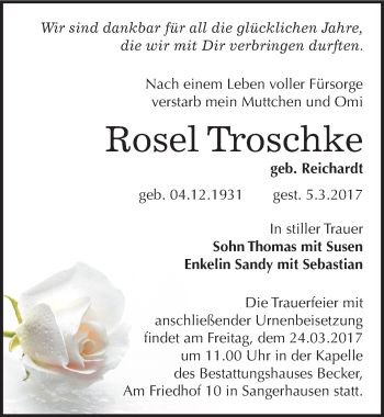 Traueranzeige von Rosel Troschke von Mitteldeutsche Zeitung Sangerhausen