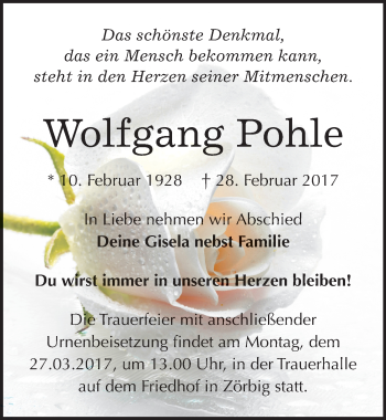 Traueranzeige von Wolfgang Pohle von Mitteldeutsche Zeitung Bitterfeld