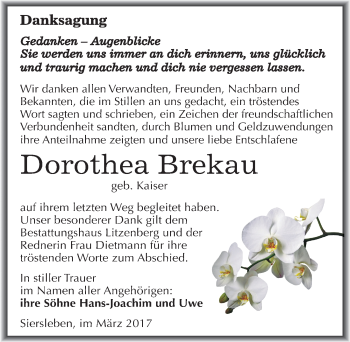 Traueranzeige von Dorothea Brekau von Mitteldeutsche Zeitung Mansfelder Land
