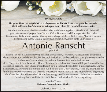 Traueranzeige von Antonie Ranscht von Mitteldeutsche Zeitung Weißenfels