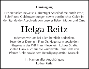 Traueranzeige von Helga Reitz von WVG - Wochenspiegel Dessau / Köthen