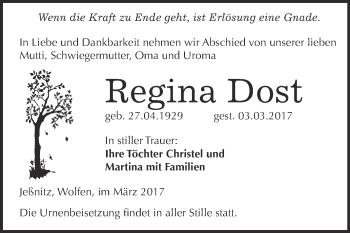 Traueranzeige von Regina Dost von WVG - Wochenspiegel Bitterfeld