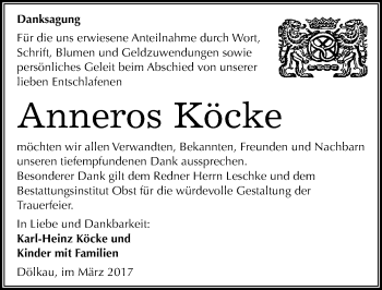 Traueranzeige von Anneros Köcke von Mitteldeutsche Zeitung Merseburg/Querfurt