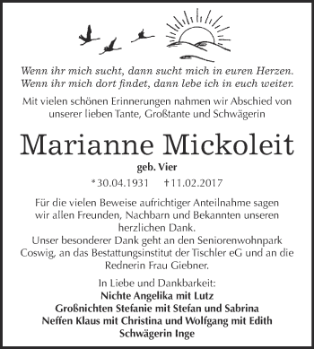 Traueranzeige von Marianne Mickoleit von Super Sonntag Wittenberg