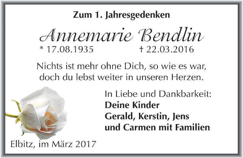  Traueranzeige für Annemarie Bendlin vom 22.03.2017 aus Mitteldeutsche Zeitung Mansfelder Land