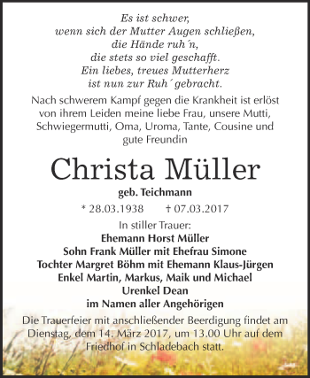 Traueranzeige von Christa Müller von Super Sonntag Halle