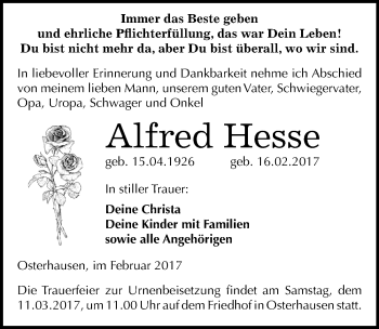 Traueranzeige von Alfred Hesse von Mitteldeutsche Zeitung Mansfelder Land
