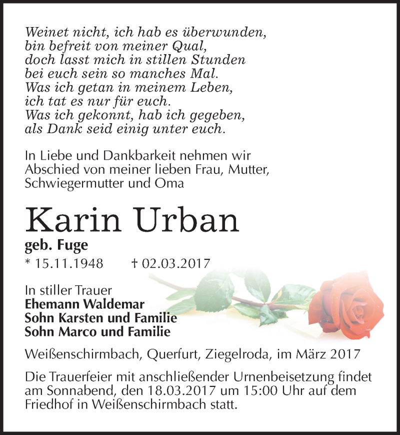  Traueranzeige für Karin Urban vom 11.03.2017 aus Mitteldeutsche Zeitung Merseburg/Querfurt