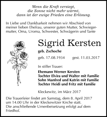 Traueranzeige von Sigrid Kersten von Mitteldeutsche Zeitung Bitterfeld