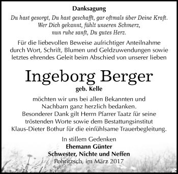 Traueranzeige von Ingeborg Berger von Mitteldeutsche Zeitung Bitterfeld