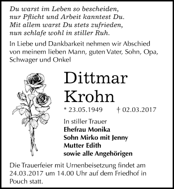 Traueranzeige von Dittmar Krohn von Mitteldeutsche Zeitung Bitterfeld
