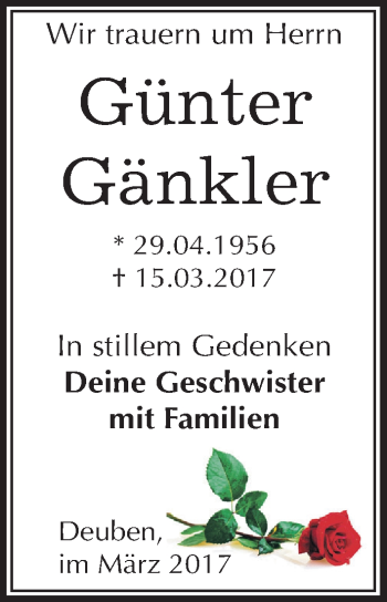 Traueranzeige von Günter Gänkler von Mitteldeutsche Zeitung Weißenfels