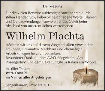 Traueranzeige von Wilhelm Plachta von Mitteldeutsche Zeitung Sangerhausen