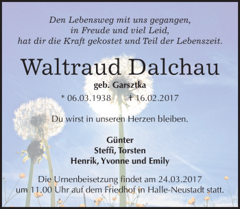 Traueranzeige von Waltraud Dalchau von Mitteldeutsche Zeitung Halle/Saalkreis