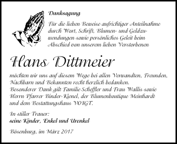 Traueranzeige von Hans Dittmeier von Mitteldeutsche Zeitung Mansfelder Land