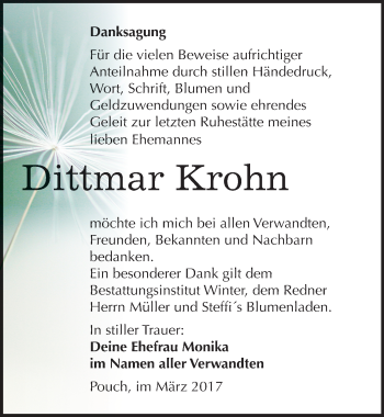 Traueranzeige von Dittmar Krohn von Mitteldeutsche Zeitung Bitterfeld
