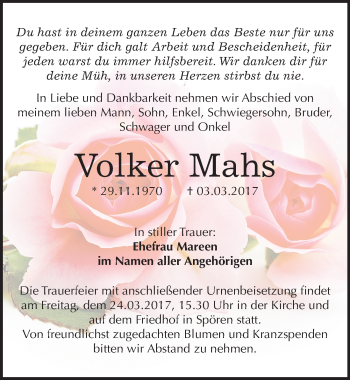 Traueranzeige von Volker Mahs von Mitteldeutsche Zeitung Bitterfeld