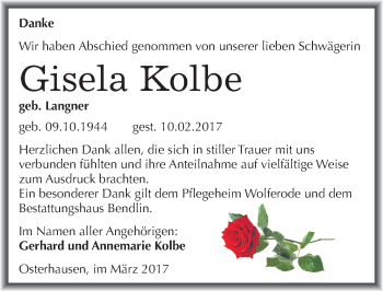 Traueranzeige von Gisela Kolbe von Mitteldeutsche Zeitung Mansfelder Land
