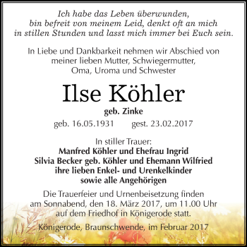 Traueranzeige von Ilse Köhler von Super Sonntag SGH Mansf. Land