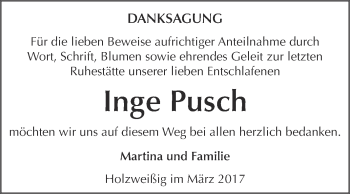 Traueranzeige von Inge Pusch von WVG - Wochenspiegel Bitterfeld