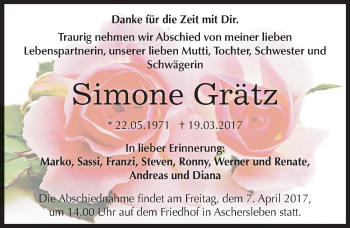 Traueranzeige von Simone Grätz von Mitteldeutsche Zeitung Aschersleben