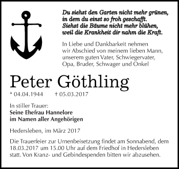 Traueranzeige von Peter Göthling von Super Sonntag SGH Mansf. Land