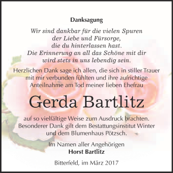 Traueranzeige von Gerda Bartlitz von WVG - Wochenspiegel Bitterfeld