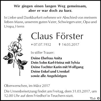 Traueranzeige von Claus Förster von WVG - Wochenspiegel NMB / WSF / ZTZ