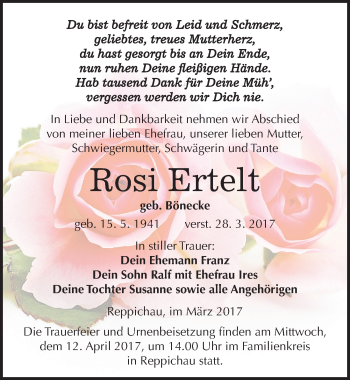 Traueranzeige von Rosi Ertelt von Mitteldeutsche Zeitung Köthen