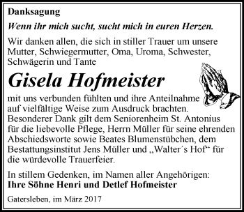 Traueranzeige von Gisela Hofmeister von Mitteldeutsche Zeitung Aschersleben