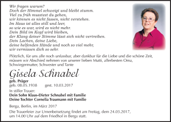 Traueranzeige von Gisela Schnabel von Mitteldeutsche Zeitung Sangerhausen