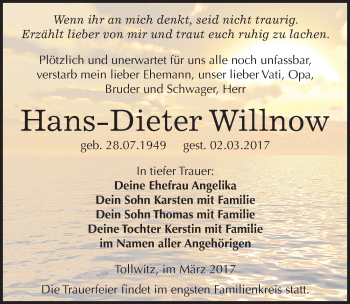 Traueranzeige von Hans-Dieter Willnow von Mitteldeutsche Zeitung Merseburg/Querfurt