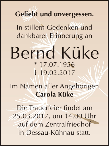 Traueranzeige von Bernd Küke von Mitteldeutsche Zeitung Dessau-Roßlau