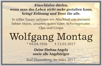 Traueranzeige von Wolfgang Montag von Mitteldeutsche Zeitung Merseburg/Querfurt