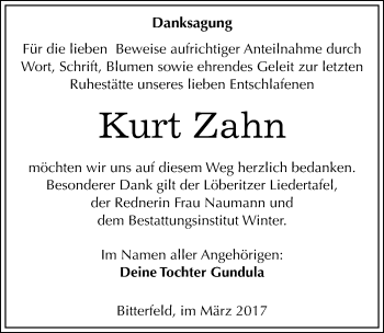 Traueranzeige von Kurt Zahn von Mitteldeutsche Zeitung Bitterfeld