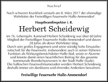 Traueranzeige von Herbert Scheidewig von Mitteldeutsche Zeitung Halle/Saalkreis