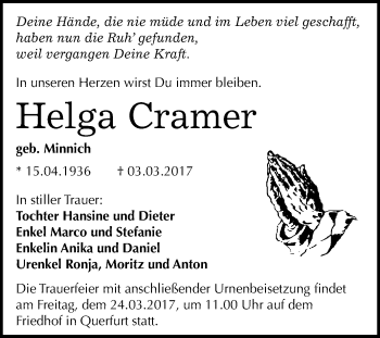 Traueranzeige von Helga Cramer von Super Sonntag Halle