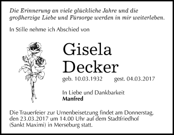 Traueranzeige von Gisela Decker von Super Sonntag Halle