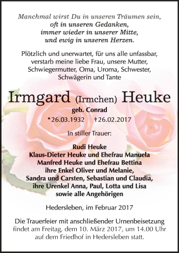 Traueranzeige von Irmgard  Heuke von Mitteldeutsche Zeitung Quedlinburg