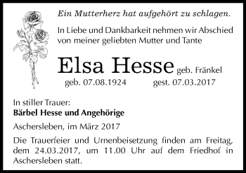 Traueranzeige von Elsa Hesse von Mitteldeutsche Zeitung Aschersleben