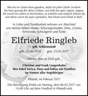 Traueranzeige von Elfriede Ringleb von Mitteldeutsche Zeitung Sangerhausen