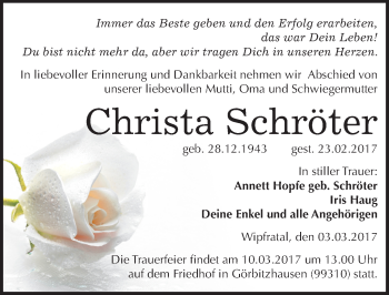 Traueranzeige von Christa Schröter von Mitteldeutsche Zeitung Halle/Saalkreis