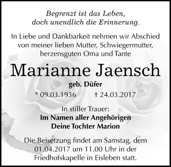 Traueranzeige von Marianne Jaensch von Mitteldeutsche Zeitung Mansfelder Land