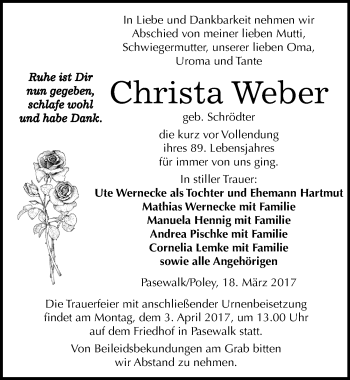 Traueranzeige von Christa Weber von Mitteldeutsche Zeitung Bernburg