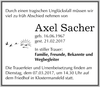 Traueranzeige von Axel Sacher von Mitteldeutsche Zeitung Mansfelder Land
