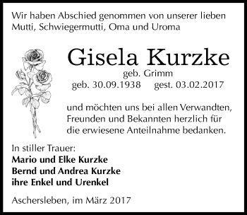 Traueranzeige von Gisela Kurzke von Mitteldeutsche Zeitung Aschersleben