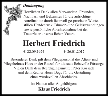 Traueranzeige von Herbert Friedrich von WVG - Wochenspiegel Dessau / Köthen